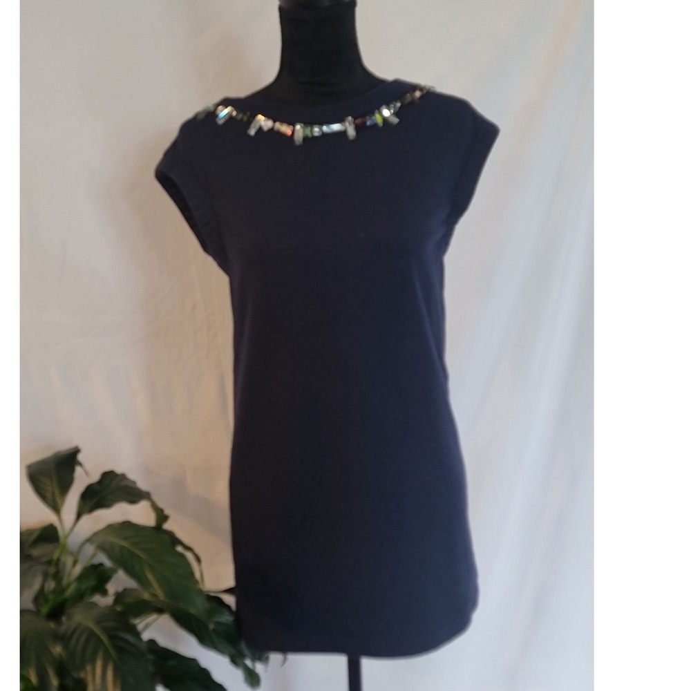 Navy Blue Embellished Jewel Neck Sleeveless Knit Mini‎ Shift Dress Womens